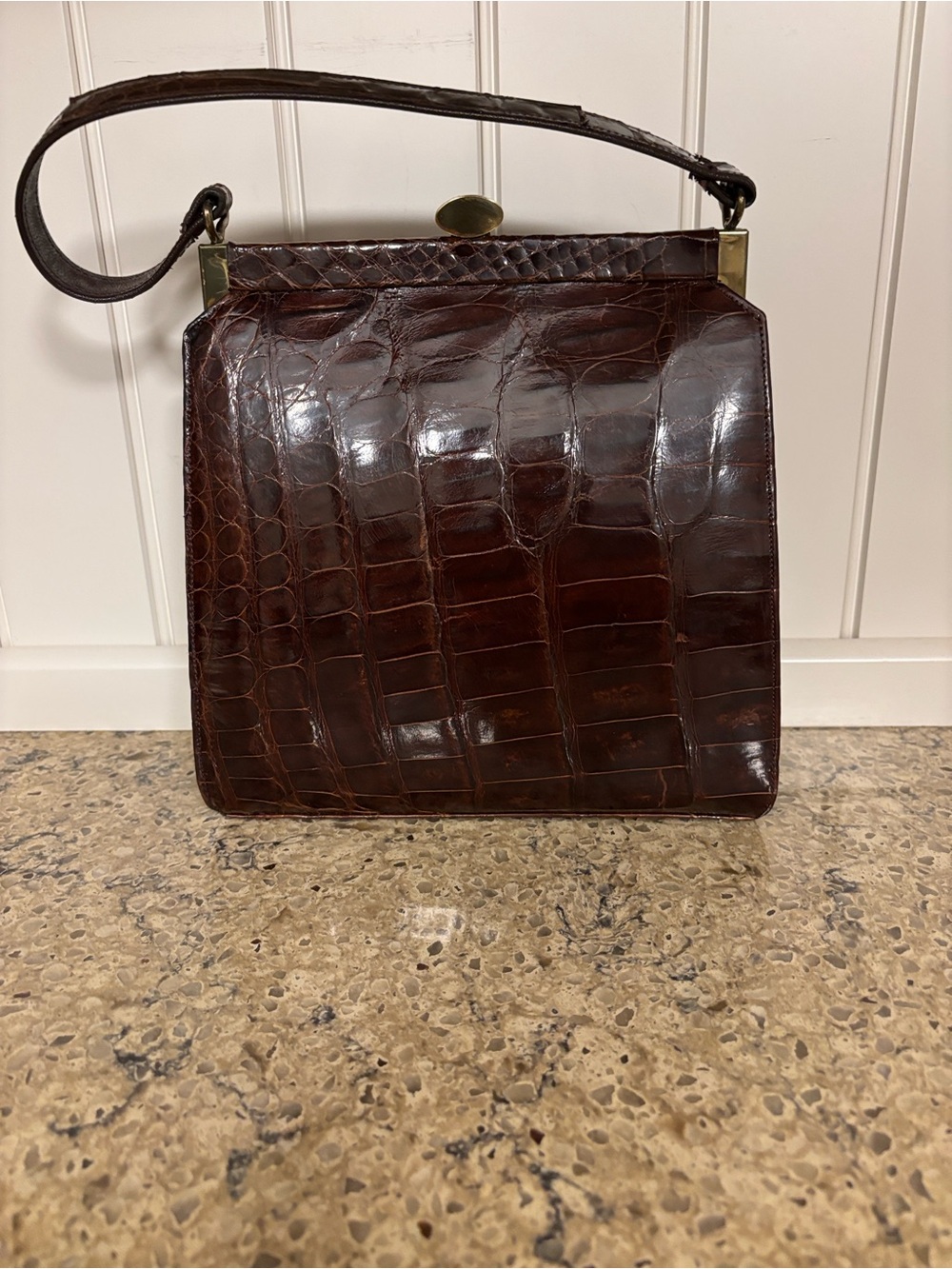 Vintage 1950s Dark Chocolate Alligator/ Croc-Embossed Leather Top-Handle Handbag - Picture 14 of 15